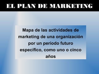 EL PLAN DE MARKETING
Mapa de las actividades de
marketing de una organización
por un período futuro
específico, como uno o cinco
años
 
