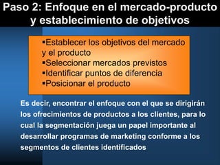 Paso 2: Enfoque en el mercado-producto
y establecimiento de objetivos
Es decir, encontrar el enfoque con el que se dirigirán
los ofrecimientos de productos a los clientes, para lo
cual la segmentación juega un papel importante al
desarrollar programas de marketing conforme a los
segmentos de clientes identificados
Establecer los objetivos del mercado
y el producto
Seleccionar mercados previstos
Identificar puntos de diferencia
Posicionar el producto
 