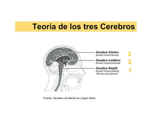 Teoría de los tres Cerebros
1
2
3
Fuente: Véndele a la Mente de Jurgen Klaric
 