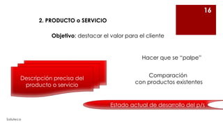 16
2. PRODUCTO o SERVICIO
Objetivo: destacar el valor para el cliente

Hacer que se “palpe”

Descripción precisa del
producto o servicio

Comparación
con productos existentes

Estado actual de desarrollo del p/s
Soluteca

 