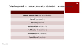 Criterios genéricos para evaluar el posible éxito de una empresa

Utilidad del concepto base de la empresa
Ventaja comparativa
Mercado potencial
Vulnerabilidad del mercado
Posibilidades de crecimiento
Copiabilidad del concepto
Necesidades financieras

Soluteca

9

 