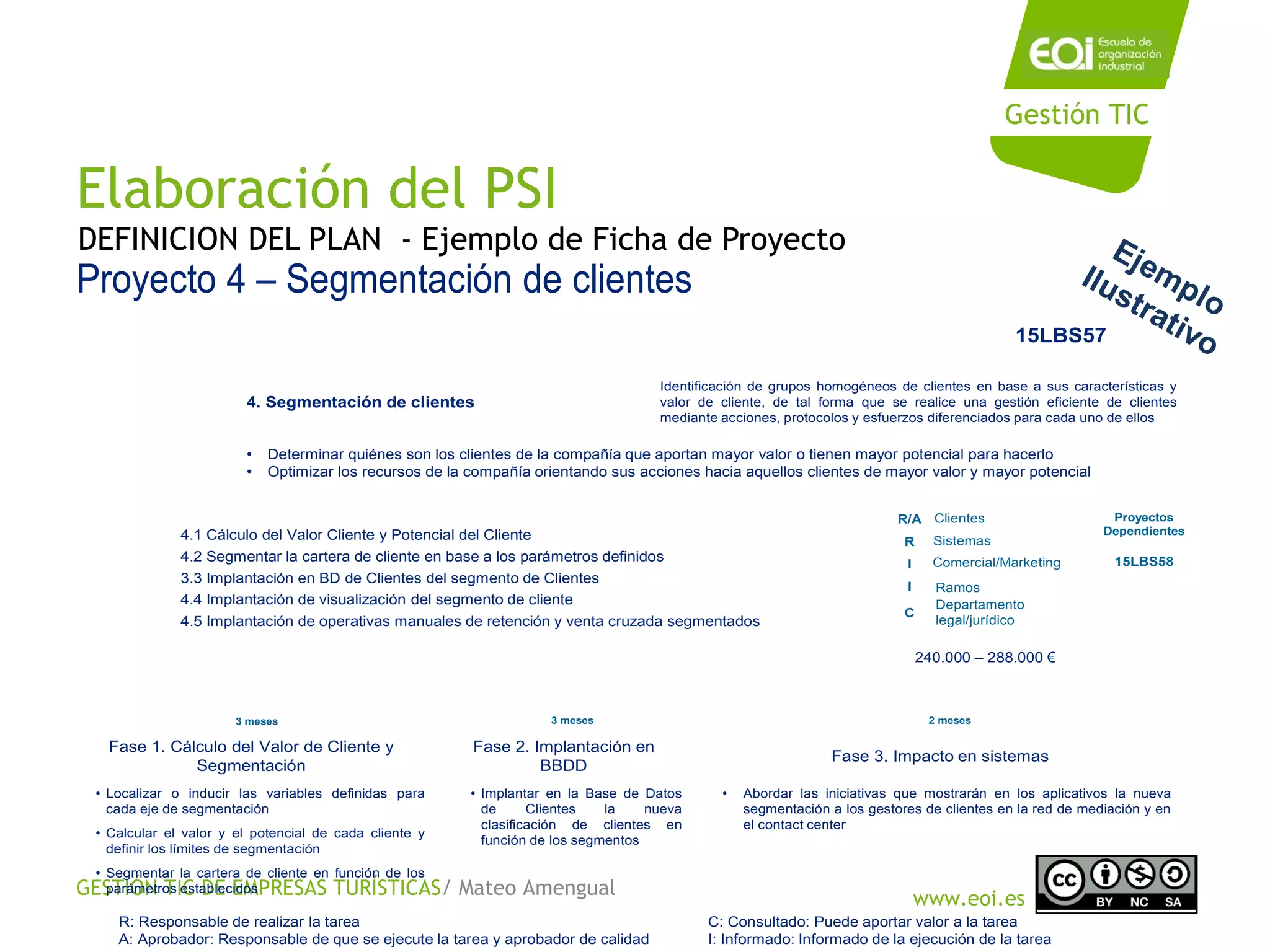 GESTIÓN TIC DE EMPRESAS TURÍSTICAS/ Mateo Amengual
www.eoi.es
R: Responsable de realizar la tarea
A: Aprobador: Responsable de que se ejecute la tarea y aprobador de calidad
Áreas
involucradas
C: Consultado: Puede aportar valor a la tarea
I: Informado: Informado de la ejecución de la tarea
13LBS0
6
Proyectos
Dependientes
240.000 – 288.000 €Inversión
estimada
4.1 Cálculo del Valor Cliente y Potencial del Cliente
4.2 Segmentar la cartera de cliente en base a los parámetros definidos
3.3 Implantación en BD de Clientes del segmento de Clientes
4.4 Implantación de visualización del segmento de cliente
4.5 Implantación de operativas manuales de retención y venta cruzada segmentados
15LBS58
Fases y Tareas
Fase 1. Cálculo del Valor de Cliente y
Segmentación
• Localizar o inducir las variables definidas para
cada eje de segmentación
• Calcular el valor y el potencial de cada cliente y
definir los límites de segmentación
• Segmentar la cartera de cliente en función de los
parámetros establecidos
Fase 2. Implantación en
BBDD
• Implantar en la Base de Datos
de Clientes la nueva
clasificación de clientes en
función de los segmentos
Fase 3. Impacto en sistemas
• Abordar las iniciativas que mostrarán en los aplicativos la nueva
segmentación a los gestores de clientes en la red de mediación y en
el contact center
3 meses 3 meses 2 meses
Proyecto 4 – Segmentación de clientes
Proyecto
Beneficio
• Determinar quiénes son los clientes de la compañía que aportan mayor valor o tienen mayor potencial para hacerlo
• Optimizar los recursos de la compañía orientando sus acciones hacia aquellos clientes de mayor valor y mayor potencial
Identificación de grupos homogéneos de clientes en base a sus características y
valor de cliente, de tal forma que se realice una gestión eficiente de clientes
mediante acciones, protocolos y esfuerzos diferenciados para cada uno de ellos
4. Segmentación de clientes Objetivo
Fase 3: fase de madurez
Fase 2: desarrollo
incipiente
Fase 1: implantación
de bases del modelo
Código de
proyecto
15LBS57
Sistemas
Comercial/Marketing
Ramos
R/A
R
I
I
C
Clientes
Departamento
legal/jurídico
Alcance
Gestión TIC
Elaboración del PSI
DEFINICION DEL PLAN - Ejemplo de Ficha de Proyecto Ejemplo
Ilustrativo
 