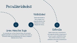 Peculiaridades
1 2 3
Gran Mancha Roja
Es conocido por su Gran Mancha Roja, una tormenta
gigante parecida a un huracán. En su punto más ancho, la
tormenta mide aproximadamente tres veces y media el
diámetro de la Tierra.
Visibilidad
Observado desde la
Tierra, Júpiter es el
segundo planeta más
brillante en el cielo,
después de Venus.
Estrella
Júpiter estuvo por convertirse en
una segunda estrella, al igual que el
sol, por su gran cantidad de masa.
Pero al final no obtuvo la masa
suficiente como para convertirse en
una
 
