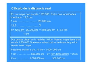 Cálculo de la distancia real
En un mapa con escala 1:20.000. Entre dos localidades
medimos 12,5 cm.
1 cm ……………………20.000 cm
12,5 ……………………. X
x= 12,5 cm . 20.000cm = 250.000 cm o 2,5 km
1 cm
Dos puntos distan en la realidad 10 km. Nuestro mapa tiene una
escala 1:500.000.Queremos saber cuál es la distancia que los
separa en el mapa.
Pasamos los Km a cm, 10 km = 1.000. 000 cm
1 cm ………………500.000 cm x= 1cm.1000.000cm = 2 cm
X cm …………… 1.000.000 cm 500.000 cm
 