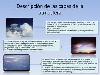 Descripción de las capas de la 
atmósfera 
La troposfera es la capa inferior (más próxima a la superficie 
terrestre) de la atmósfera de la Tierra. A medida que se sube, 
disminuye la temperatura 
en la troposfera. 
En la troposfera suceden los fenómenos que componen lo que 
llamamos tiempo. 
La estratosfera es la segunda capa de la atmósfera de la Tierra. A 
medida que se sube, la temperatura en la estratosfera aumenta. 
El ozono provoca que la temperatura suba ya que absorbe la luz 
peligrosa del sol y la convierte en calor. 
La estratosfera está por encima de la troposfera. 
La mesosfera es la tercera capa de la atmósfera de la Tierra. La 
temperatura disminuye a medida que se sube, como sucede en la 
troposfera. Puede llegar a ser hasta de -90° C. ¡Es la zona más fría de 
la atmósfera! 
La mesosfera empieza después de la estratosfera. A veces, se puede 
distinguir la mesosfera en la orilla de un planeta (como la banda azul 
en extremo derecho de la fotografía). 
 