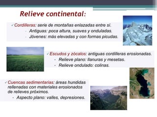 Relieve continental: 
Cordilleras: serie de montañas enlazadas entre sí. 
• Antiguas: poca altura, suaves y onduladas. 
• Jóvenes: más elevadas y con formas picudas. 
Escudos y zócalos: antiguas cordilleras erosionadas. 
• Relieve plano: llanuras y mesetas. 
• Relieve ondulado: colinas. 
Cuencas sedimentarias: áreas hundidas 
rellenadas con materiales erosionados 
de relieves próximos. 
• Aspecto plano: valles, depresiones. 
 