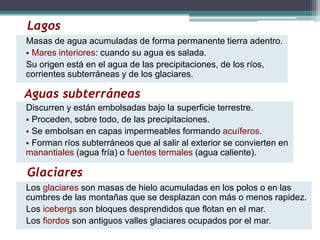 Lagos 
Masas de agua acumuladas de forma permanente tierra adentro. 
 Mares interiores: cuando su agua es salada. 
Su origen está en el agua de las precipitaciones, de los ríos, 
corrientes subterráneas y de los glaciares. 
Aguas subterráneas 
Discurren y están embolsadas bajo la superficie terrestre. 
 Proceden, sobre todo, de las precipitaciones. 
 Se embolsan en capas impermeables formando acuíferos. 
 Forman ríos subterráneos que al salir al exterior se convierten en 
manantiales (agua fría) o fuentes termales (agua caliente). 
Glaciares 
Los glaciares son masas de hielo acumuladas en los polos o en las 
cumbres de las montañas que se desplazan con más o menos rapidez. 
Los icebergs son bloques desprendidos que flotan en el mar. 
Los fiordos son antiguos valles glaciares ocupados por el mar. 
 