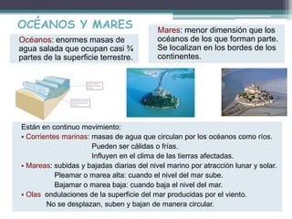 OCÉANOS Y MARES 
Océanos: enormes masas de 
agua salada que ocupan casi ¾ 
partes de la superficie terrestre. 
Están en continuo movimiento: 
Mares: menor dimensión que los 
océanos de los que forman parte. 
Se localizan en los bordes de los 
continentes. 
 Corrientes marinas: masas de agua que circulan por los océanos como ríos. 
Pueden ser cálidas o frías. 
Influyen en el clima de las tierras afectadas. 
 Mareas: subidas y bajadas diarias del nivel marino por atracción lunar y solar. 
Pleamar o marea alta: cuando el nivel del mar sube. 
Bajamar o marea baja: cuando baja el nivel del mar. 
 Olas: ondulaciones de la superficie del mar producidas por el viento. 
No se desplazan, suben y bajan de manera circular. 
 