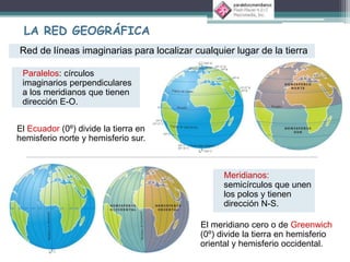 LA RED GEOGRÁFICA 
Red de líneas imaginarias para localizar cualquier lugar de la tierra 
Meridianos: 
semicírculos que unen 
los polos y tienen 
dirección N-S. 
Paralelos: círculos 
imaginarios perpendiculares 
a los meridianos que tienen 
dirección E-O. 
El meridiano cero o de Greenwich 
(0º) divide la tierra en hemisferio 
oriental y hemisferio occidental. 
El Ecuador (0º) divide la tierra en 
hemisferio norte y hemisferio sur. 
 