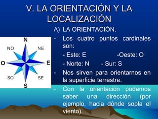 V. LA ORIENTACIÓN Y LAV. LA ORIENTACIÓN Y LA
LOCALIZACIÓNLOCALIZACIÓN
A) LA ORIENTACIÓN.
- Los cuatro puntos cardinales
son:
- Este: E -Oeste: O
- Norte: N - Sur: S
- Nos sirven para orientarnos en
la superficie terrestre.
- Con la orientación podemos
saber una dirección (por
ejemplo, hacia dónde sopla el
viento).
 
