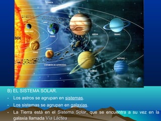 B) EL SISTEMA SOLAR.
- Los astros se agrupan en sistemas.
- Los sistemas se agrupan en galaxias.
- La Tierra está en el Sistema SolarSistema Solar, que se encuentra a su vez en la
galaxia llamada Vía LácteaVía Láctea
 