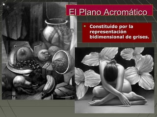  Constituido por laConstituido por la
representaciónrepresentación
bidimensional de grises.bidimensional de grises.
El Plano AcromáticoEl Plano Acromático
 