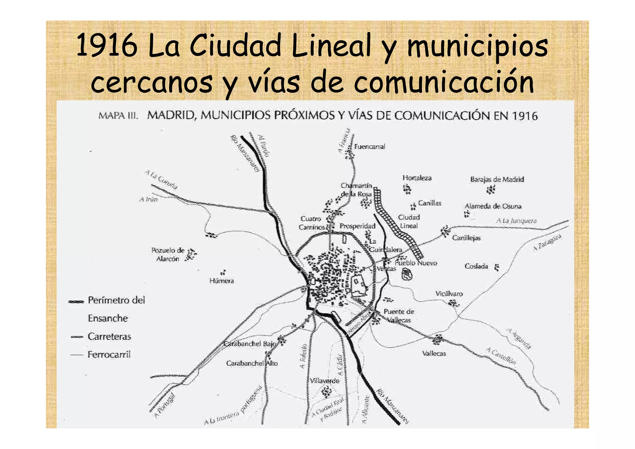 1916 La Ciudad Lineal y municipios
 cercanos y vías de comunicación
 