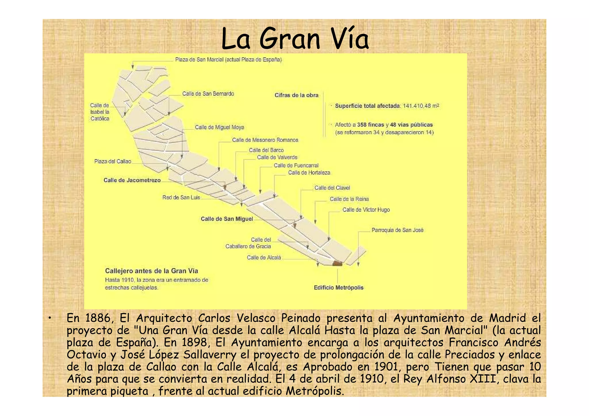 La Gran Vía




•   En 1886, El Arquitecto Carlos Velasco Peinado presenta al Ayuntamiento de Madrid el
    proyecto de "Una Gran Vía desde la calle Alcalá Hasta la plaza de San Marcial" (la actual
    plaza de España). En 1898, El Ayuntamiento encarga a los arquitectos Francisco Andrés
    Octavio y José López Sallaverry el proyecto de prolongación de la calle Preciados y enlace
    de la plaza de Callao con la Calle Alcalá, es Aprobado en 1901, pero Tienen que pasar 10
    Años para que se convierta en realidad. El 4 de abril de 1910, el Rey Alfonso XIII, clava la
    primera piqueta , frente al actual edificio Metrópolis.
 