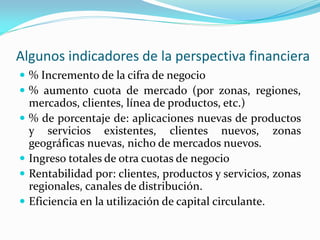 Algunos indicadores de la perspectiva financiera
 % Incremento de la cifra de negocio
 % aumento cuota de mercado (por zonas, regiones,
mercados, clientes, línea de productos, etc.)
 % de porcentaje de: aplicaciones nuevas de productos
y servicios existentes, clientes nuevos, zonas
geográficas nuevas, nicho de mercados nuevos.
 Ingreso totales de otra cuotas de negocio
 Rentabilidad por: clientes, productos y servicios, zonas
regionales, canales de distribución.
 Eficiencia en la utilización de capital circulante.
 