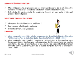 FORMULACIÓN DEL PROBLEMA :
l asunto específico de la investigación?.
 Metodológicamente, el problema es una interrogante acerca de la relación entre
variables concretas que se trata de estudiar en un contexto determinado.
 Del acierto del planteamiento del problema depende en gran parte el éxito del
proceso de investigación
ASPECTOS A TOMARSE EN CUENTA:
 ¿Pregunta de reflexión sobre el problema ?
 Expresar una relación entre variables
 Delimitación temporal y espacial.
EJEMPLOS:
 ¿Qué estrategias permitirán brindar una educación de calidad al Centro Educativo
“William James” de la ciudad de Quito, durante el año lectivo 2014 – 2015?
 ¿Qué estrategias metodológicas ( enseñanza y aprendizaje) se deben utilizar para
lograr aprendizajes significativos, en la asignatura de Electroinstalaciones con los
estudiantes del ciclo diversificado en la Especialidad de Electricidad Industrial del
Instituto Técnico Superior “Sucre”, de la ciudad de Quito, durante el año lectivo
1999 - 2000?
04/12/2014 Dr. Héctor Guerrero MSc.
 