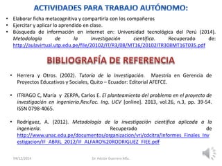 • Elaborar ficha metacognitiva y compartirla con los compañeros
• Ejercitar y aplicar lo aprendido en clase.
• Búsqueda de información en internet en: Universidad tecnológica del Perú (2014).
Metodología de la Investigación científica. Recuperado de:
http://aulavirtual.utp.edu.pe/file/20102/IT/R3/08/MT16/20102ITR308MT16T035.pdf
04/12/2014 Dr. Héctor Guerrero MSc.
• Herrera y Otros. (2002). Tutoría de la Investigación. Maestría en Gerencia de
Proyectos Educativos y Sociales, Quito – Ecuador: Editorial AFEFCE.
• ITRIAGO C, María y ZERPA, Carlos E. El planteamiento del problema en el proyecto de
investigación en ingeniería.Rev.Fac. Ing. UCV [online]. 2013, vol.26, n.3, pp. 39-54.
ISSN 0798-4065.
• Rodríguez, A. (2012). Metodología de la investigación científica aplicada a la
ingeniería. Recuperado de
http://www.unac.edu.pe/documentos/organizacion/vri/cdcitra/Informes_Finales_Inv
estigacion/IF_ABRIL_2012/IF_ALFARO%20RODRIGUEZ_FIEE.pdf
 