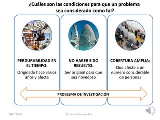 04/12/2014 Dr. Héctor Guerrero MSc.
¿Cuáles son las condiciones para que un problema
sea considerado como tal?
PERDURABILIDAD EN
EL TIEMPO:
Originado hace varios
años y afecte
NO HABER SIDO
RESUELTO:
Ser original para que
sea novedoso
COBERTURA AMPLIA:
Que afecte a un
número considerable
de personas
PROBLEMA DE INVESTIGACIÓN
 