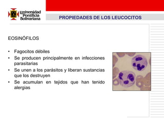 PROPIEDADES DE LOS LEUCOCITOS



EOSINÓFILOS

• Fagocitos débiles
• Se producen principalmente en infecciones
  parasitarias
• Se unen a los parásitos y liberan sustancias
  que los destruyen
• Se acumulan en tejidos que han tenido
  alergias
 