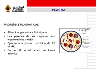 PLASMA



PROTEÍNAS PLASMÁTICAS

• Albumina, globulina y fibrinógeno
• Las paredes de los capilares son
  impermeables a estas
• Ejercen una presión osmótica de 25
  mmHg
• En un pH normal tienen una forma
  aniónica
 