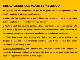 OBLIGACIONES CON PLAZO ESTABLECIDO
Es lo usual que las obligaciones se les fije un plazo para su cumplimiento y esa
fijación puede tener diversas clasificaciones:
a- Voluntario: Son aquellas en los que se fija de una manera concreta en el contratoy
deben cumplirse al vencimiento del tiempo convenido.
b- Tácito o legal: Son aquellas que las partes no convienen si no que se atienden a lo
que indica la ley, razón de que ella presume que necesariamente debe transcurrir un
determinado periodo de espera, para que el pago de la obligación se efectué.
c- Plazo determinado: Son aquellas que definen un momento específico en la
obligación organizacional, determinado siempre por una fecha exacta, y tiene como
parámetros, el día, mes y el año.
d- Plazo indeterminado: Son aquellos que contienen incertidumbre respecto al
momento de hacerse exigibles pero no por ello dejan de ser de plazo cierto; pues se
sabe que llegara el día, pero no cuando llegara.
 