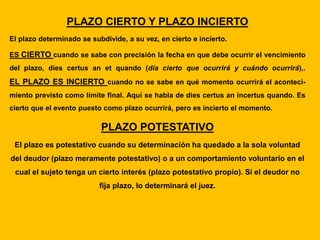 PLAZO CIERTO Y PLAZO INCIERTO
El plazo determinado se subdivide, a su vez, en cierto e incierto.
ES CIERTO cuando se sabe con precisión la fecha en que debe ocurrir el vencimiento
del plazo, dies certus an et quando (día cierto que ocurrirá y cuándo ocurrirá),.
EL PLAZO ES INCIERTO cuando no se sabe en qué momento ocurrirá el aconteci-
miento previsto como límite final. Aquí se habla de dies certus an incertus quando. Es
cierto que el evento puesto como plazo ocurrirá, pero es incierto el momento.
PLAZO POTESTATIVO
El plazo es potestativo cuando su determinación ha quedado a la sola voluntad
del deudor (plazo meramente potestativo) o a un comportamiento voluntario en el
cual el sujeto tenga un cierto interés (plazo potestativo propio). Si el deudor no
fija plazo, lo determinará el juez.
 