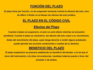FUNCIÓN DEL PLAZO
El plazo tiene por función, no de suspender haciendo incierta la eficacia del acto, sino
de diferir o limitar en el tiempo los efectos del acto jurídico.
EL PLAZO EN EL CÓDIGO CIVIL
Efectos del Plazo
Cuando el plazo es suspensivo, el acto no surte efecto mientras se encuentre
pendiente. Cuando el plazo es resolutorio, los efectos del acto cesan a su vencimiento.
Antes del vencimiento del plazo, quien tenga derecho a recibir alguna prestación
puede ejercitar las acciones conducentes a cautela de su derecho.
BENEFICIO DEL PLAZO
El plazo suspensivo se presume establecido en beneficio del deudor, a no se que el
tenor del instrumento o de otras circunstancias, resultase haberse puesto a favor del
acreedor o de ambos.
 