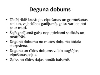 Deguna dobums
• Tādēļ rīklē krustojas elpošanas un gremošanas
  ceļi un, vajadzības gadījumā, gaisu var ieelpot
  caur muti.
• Šajā gadījumā gaiss nepietiekami sasildās un
  neattīrās.
• Deguna dobumu no mutes dobuma atdala
  starpsiena.
• Deguna un rīkles dobums veido augšējos
  elpošanas ceļus.
• Gaiss no rīkles daļas nonāk balsenē.
 