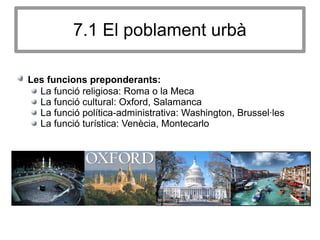 7.1 El poblament urbà
Les funcions preponderants:
La funció religiosa: Roma o la Meca
La funció cultural: Oxford, Salamanca
La funció política-administrativa: Washington, Brussel·les
La funció turística: Venècia, Montecarlo
 