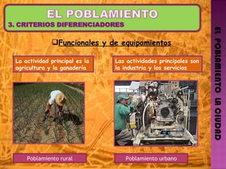 EL  POBLAMIENTO  LA CIUDAD Funcionales y de equipamientos Poblamiento rural Poblamiento urbano La actividad principal es la agricultura y la ganadería  Las actividades principales son la industria y los servicios 