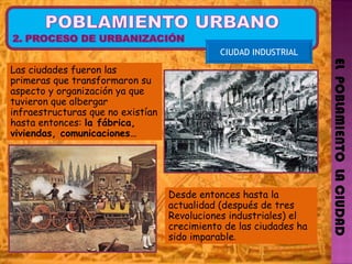EL  POBLAMIENTO  LA CIUDAD CIUDAD INDUSTRIAL Las ciudades fueron las primeras que transformaron su aspecto y organización ya que tuvieron que albergar infraestructuras que no existían hasta entonces:  la fábrica, viviendas, comunicaciones… Desde entonces hasta la actualidad (después de tres Revoluciones industriales) el crecimiento de las ciudades ha sido imparable . 