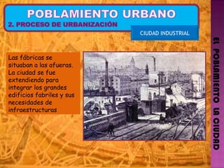 EL  POBLAMIENTO  LA CIUDAD CIUDAD INDUSTRIAL Las fábricas se situaban a las afueras. La ciudad se fue extendiendo para integrar los grandes edificios fabriles y sus necesidades de infraestructuras 