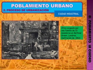 EL  POBLAMIENTO  LA CIUDAD CIUDAD INDUSTRIAL Ático ocupado por una familia de 10 miembros en Bethnal Green, Londres, ilustración de  1863 