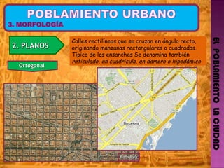 EL  POBLAMIENTO  LA CIUDAD 2. PLANOS  Ortogonal   Calles rectilíneas que se cruzan en ángulo recto, originando manzanas rectangulares o cuadradas. Típico de los ensanches  Se denomina también  reticulado, en cuadrícula, en damero o hipodámico Barcelona 
