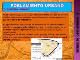 EL  POBLAMIENTO  LA CIUDAD Las ciudades  (lugares centrales )  se relacionan entre sí, y con su entorno próximo  (abastecimiento de bienes y servicios)  formando un área geográfica que es su  área de influencia  Dependiendo de la extensión de esta área de influencia podemos establecer una  jerarquía urbana , es decir, un ordenamiento de las ciudades según su importancia  (mayor o menor rango: comarcal, regional, nacional, mundial).   El conjunto de núcleos urbanos  (nodos)  jerarquizados y relacionados entre sí  (a través e ejes)  dispuestos en el territorio constituye un a  red urbana  jerárquica 