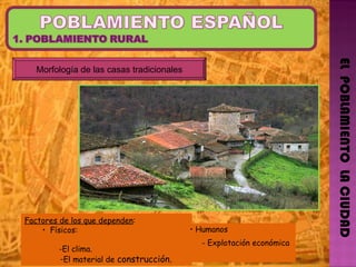 EL  POBLAMIENTO  LA CIUDAD Morfología de las casas tradicionales Factores de los que dependen : Físicos:  -El clima. El material de  construcción. Humanos  - Explotación económica 