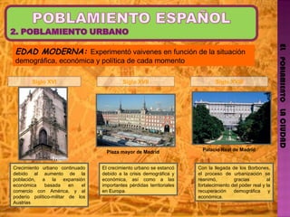 EL   POBLAMIENTO   LA CIUDAD EDAD MODERNA:  Experimentó vaivenes en función de la situación demográfica, económica y política de cada momento Siglo XVI . Siglo XVII Siglo XVIII El crecimiento urbano se estancó debido a la crisis demográfica y económica, así como a las importantes pérdidas territoriales en Europa. Con la llegada de los Borbones, el proceso de urbanización se reanimó, gracias al fortalecimiento del poder real y la recuperación demográfica y económica. Trujillo Plaza mayor de Madrid Palacio Real de Madrid Crecimiento urbano continuado debido al aumento de la población, a la expansión económica basada en el comercio con América, y al poderío político-militar de los Austrias 