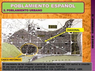 EL   POBLAMIENTO   LA CIUDAD DIAGONAL CASCO HISTÓRICO El crecimiento de las ciudades a partir de mediados del siglo XIX motivó la creación de una nueva ciudad ortogonal envolviendo el casco histórico. PROYECTO DE ENSANCHE DE BARCELONA POR ILDEFONSO CERDÁ, 1859. 