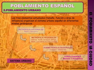 EL  POBLAMIENTO  LA CIUDAD METRÓPOLIS NACIONALES Madrid y Barcelona METRÓPOLIS REGIONALES Valencia, Sevilla, Zaragoza, Málaga,  Bilbao, Las Palmas de Gran Canaria SUBMETRÓPOLIS REGIONALES Ciudades > 200000 hab. Los tres elementos estudiados (tamaño, función y área de influencia) organizan el sistema urbano español en diferentes niveles jerárquicos OTRAS CIUDADES  MEDIAS Y PEQUEÑAS SISTEMA URBANO 