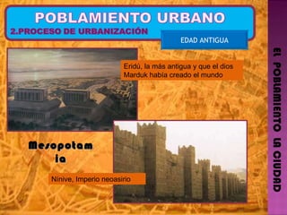 EL  POBLAMIENTO  LA CIUDAD EDAD ANTIGUA Eridú, la más antigua y que el dios Marduk había creado el mundo Nínive, Imperio neoasirio Mesopotamia 