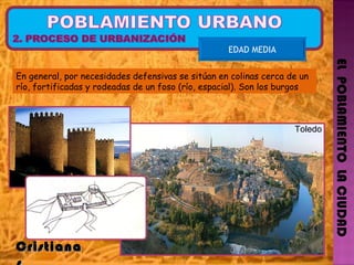 EL  POBLAMIENTO  LA CIUDAD EDAD MEDIA Cristianas  En general, por necesidades defensivas se sitúan en colinas cerca de un río, fortificadas y rodeadas de un foso (río, espacial). Son los burgos  Toledo  