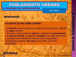 EL  POBLAMIENTO  LA CIUDAD EDAD MEDIA Cristianas  Las partes de una ciudad cristiana : La  muralla   (función defensiva y aduana) con sus puertas y  torres La  plaza  central,  En torno a ella se sitúa la  iglesia  o catedral, el  ayuntamiento  y el  palacio/castillo , la masa de  viviendas , las calles estrechas y sinuosas, distribuidos por barrios (con los gremios), universidad, hospital,  mercado  al aire libre, (y ferias periódicas) MORFOLOGÍA 