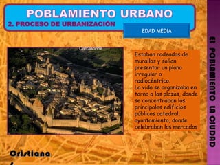 EL  POBLAMIENTO  LA CIUDAD EDAD MEDIA Cristianas  Estaban rodeadas de murallas y solían presentar un plano irregular o radiocéntrico. La vida se organizaba en torno a las plazas, donde se concentraban los principales edificios públicos catedral, ayuntamiento, donde celebraban los mercados Carcasonne 