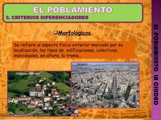 Morfológicos EL  POBLAMIENTO  LA CIUDAD Se refiere al aspecto físico exterior marcado por su localización, los tipos de  edificaciones, colectivas, individuales, en altura, la trama… Zaragoza   Zugarramurdi (Navarra) 