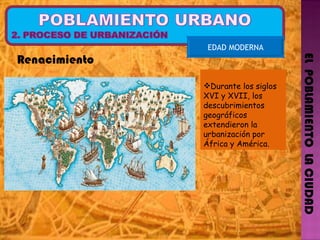 EL  POBLAMIENTO  LA CIUDAD EDAD MODERNA Durante los siglos XVI y XVII, los descubrimientos geográficos extendieron la urbanización por África y América.  Renacimiento 