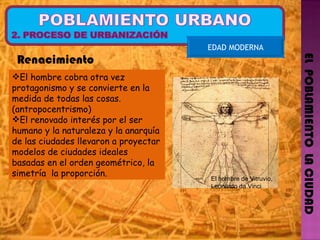 EL  POBLAMIENTO  LA CIUDAD EDAD MODERNA El hombre cobra otra vez protagonismo y se convierte en la medida de todas las cosas. (antropocentrismo) El renovado interés por el ser humano y la naturaleza y la anarquía de las ciudades llevaron a proyectar modelos de ciudades ideales basadas en el orden geométrico, la simetría  la proporción.  Renacimiento El hombre de Vitruvio, Leonardo da Vinci 