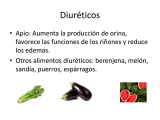 Diuréticos
• Apio: Aumenta la producción de orina,
favorece las funciones de los riñones y reduce
los edemas.
• Otros alimentos diuréticos: berenjena, melón,
sandía, puerros, espárragos.
 