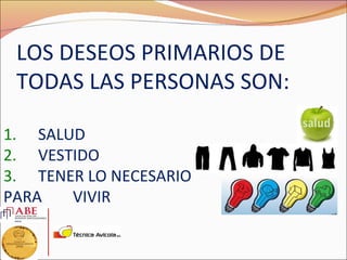LOS DESEOS PRIMARIOS DE
 TODAS LAS PERSONAS SON:

1. SALUD
2. VESTIDO
3. TENER LO NECESARIO
PARA   VIVIR
 