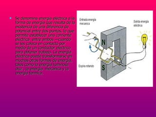 Se denomina energía eléctrica a la forma de energía que resulta de la existencia de una diferencia de potencial entre dos puntos, lo que permite establecer una corriente eléctrica  entre ambos —cuando se les coloca en contacto por medio de un conductor electrico para obtener trabajo. La energía eléctrica puede transformarse en muchas otras formas de energía, tales como la energía luminosa oluz , la energía  mecanica y la energía termica. 