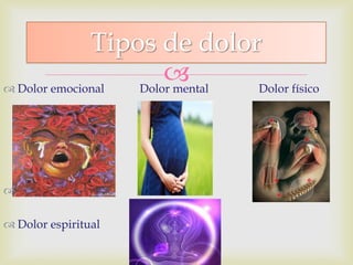 Dolor emocional Dolor mental Dolor físico

 Dolor espiritual
Tipos de dolor
 